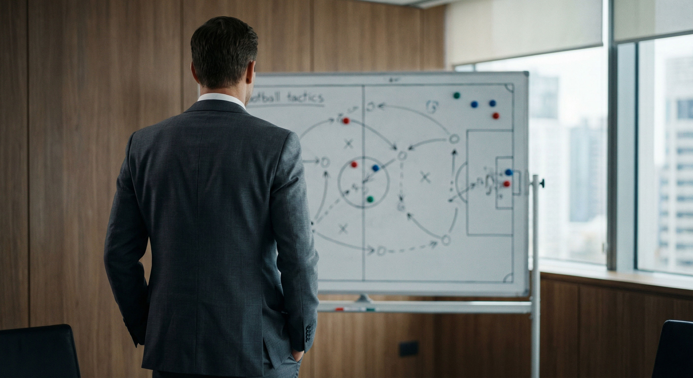 Club staff discussing squad positions at a whiteboard