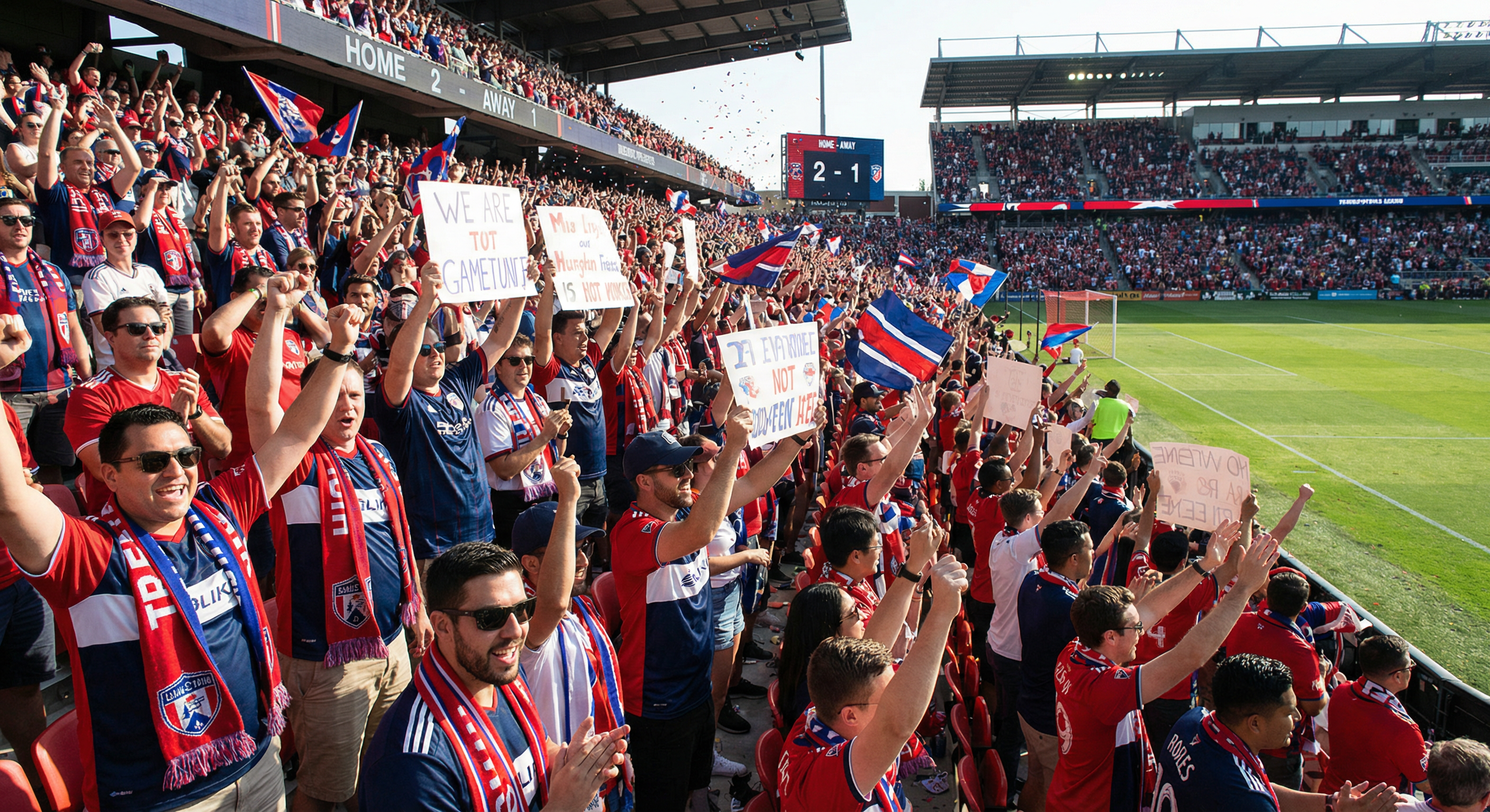 Crowd of fans in the stands cheering for a team